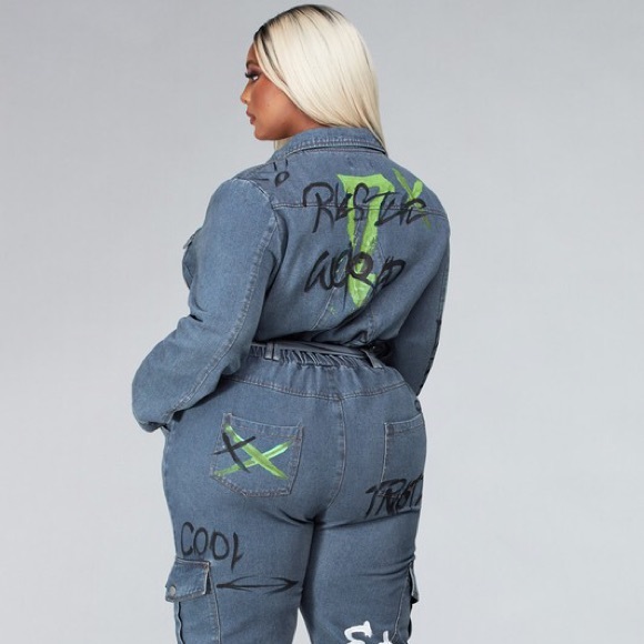 (Thick Denim) Lettered Art Denim Jumpsuit - Picture 5 of 7
